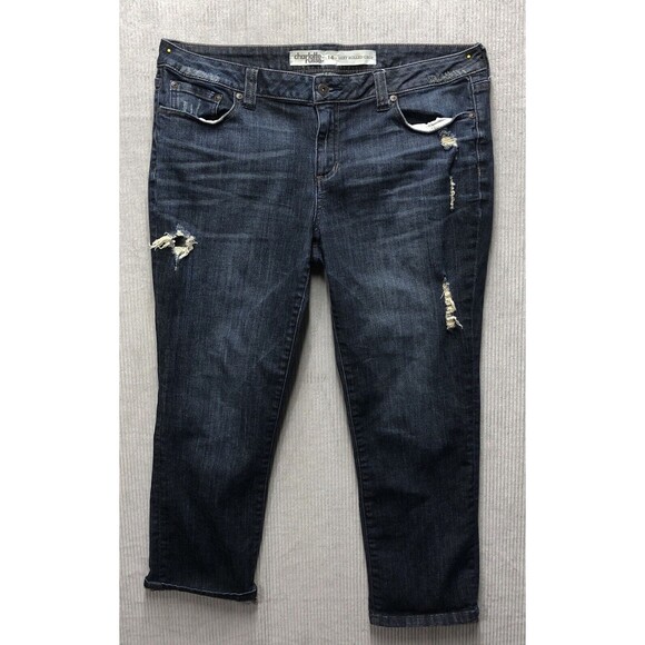 Charlotte Russe Denim Jeans Size 14 Sexy Rolled Crop Blue Wash Factory Destroyed - Picture 1 of 15